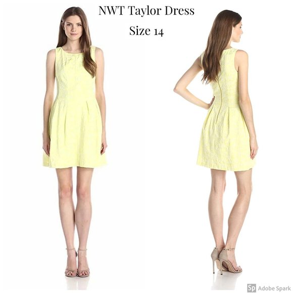 Taylor Floral Pleated A-line Sleeveless Dress Size 14 Yellow Flocked Short NWT - Picture 2 of 11